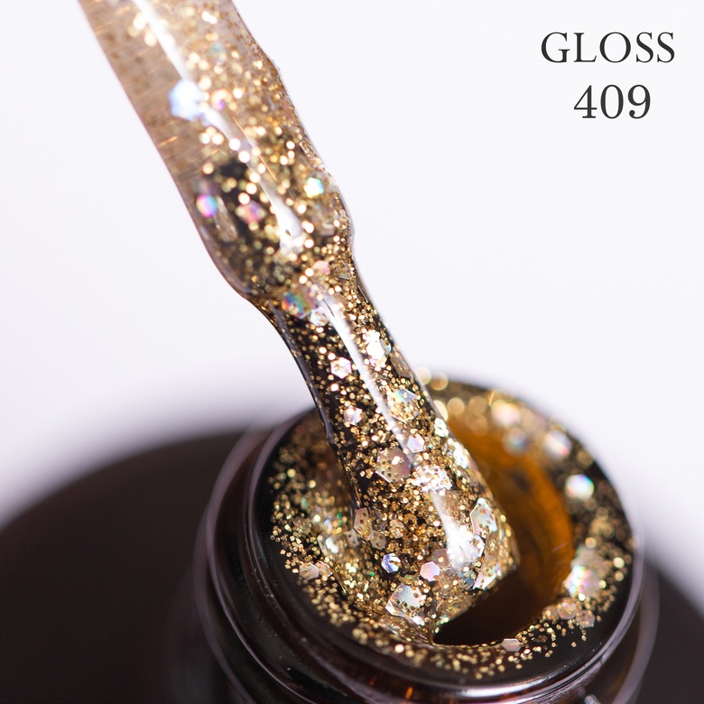 Gel polish GLOSS 409 (golden with holographic glitter), 11 ml