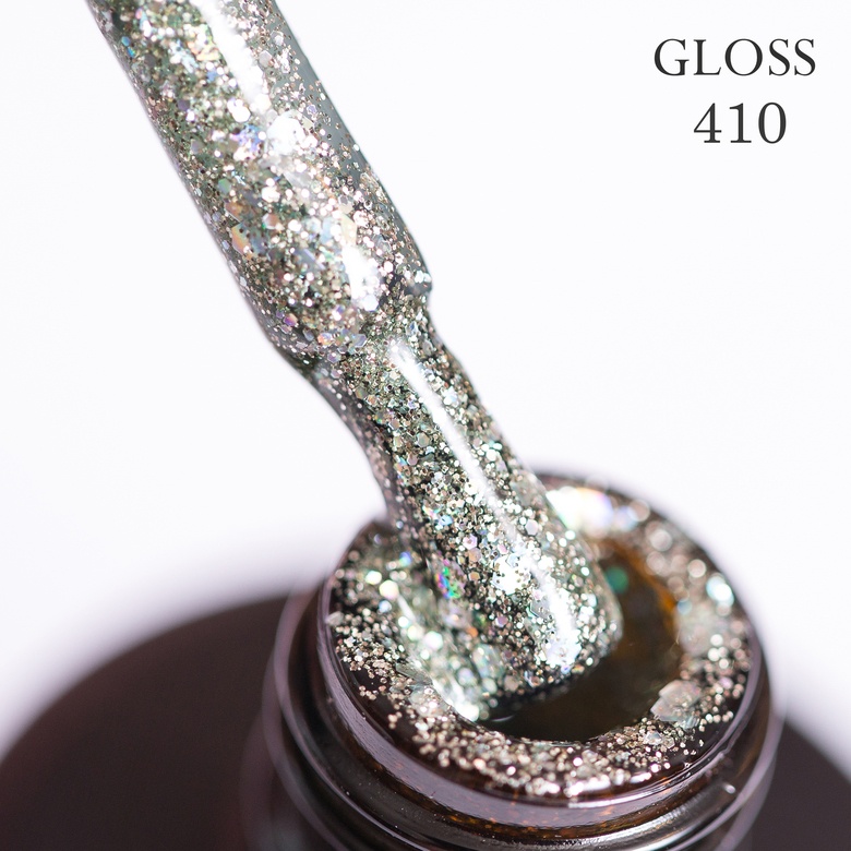 Gel polish GLOSS 410 (silver with holographic glitter), 11 ml