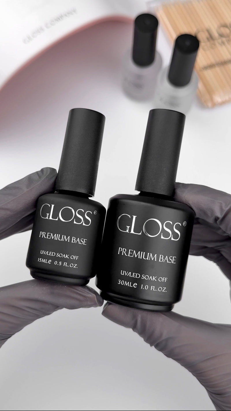 GLOSS professional gel base coat collection — rubber base, hard base, and HEMA-free options