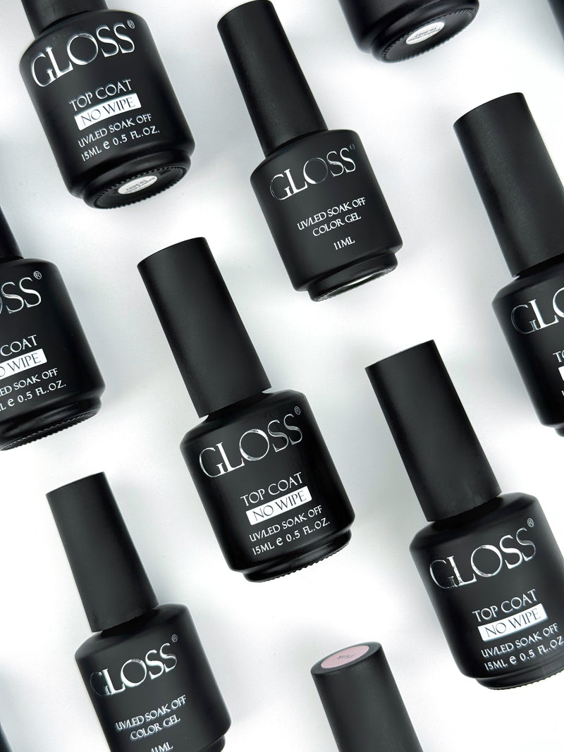 GLOSS professional gel top coats — glossy, matte, and no-wipe finishes for salon manicures