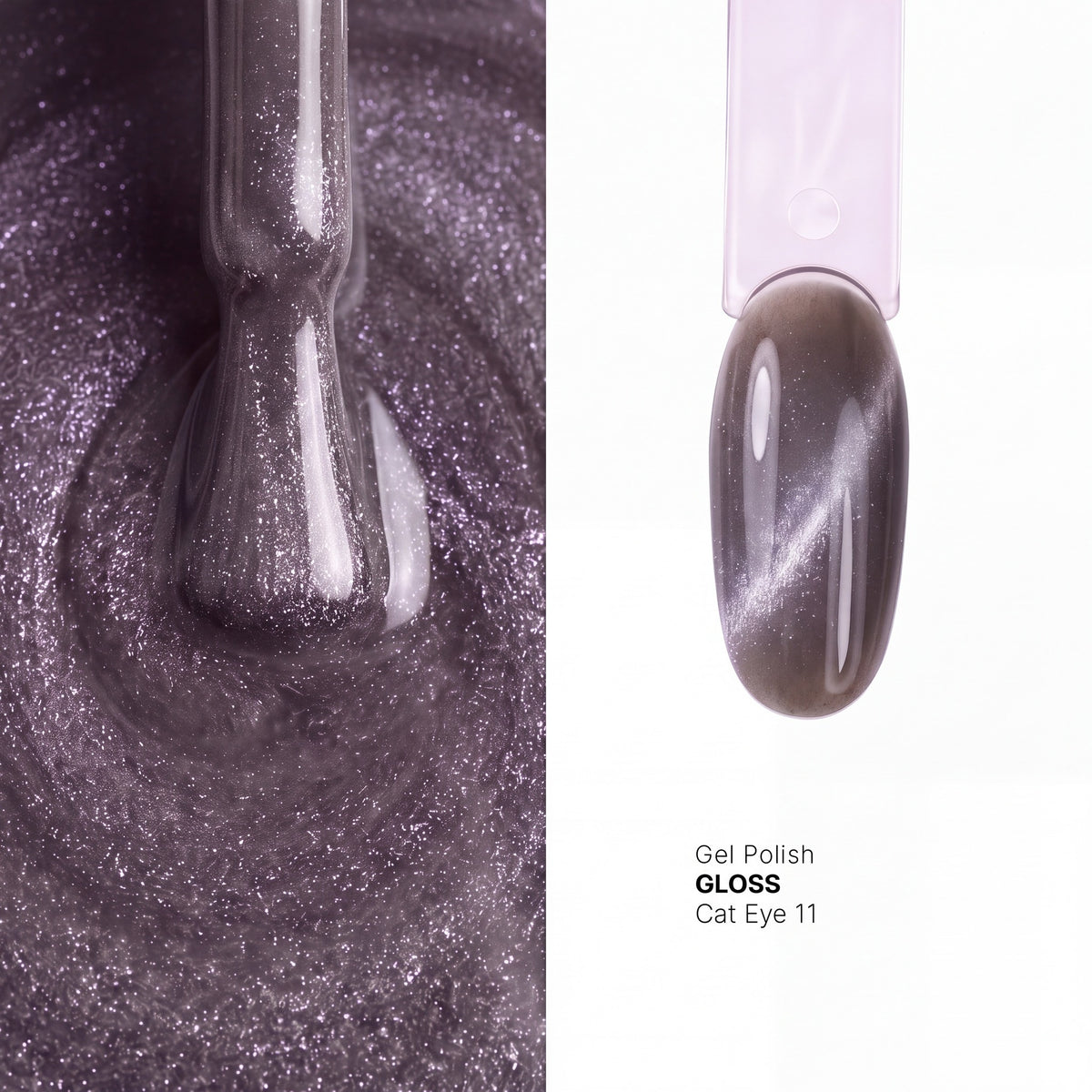 Brush and nail tip swatch of GLOSS Cat Eye 11 Soft Purple magnetic gel polish
