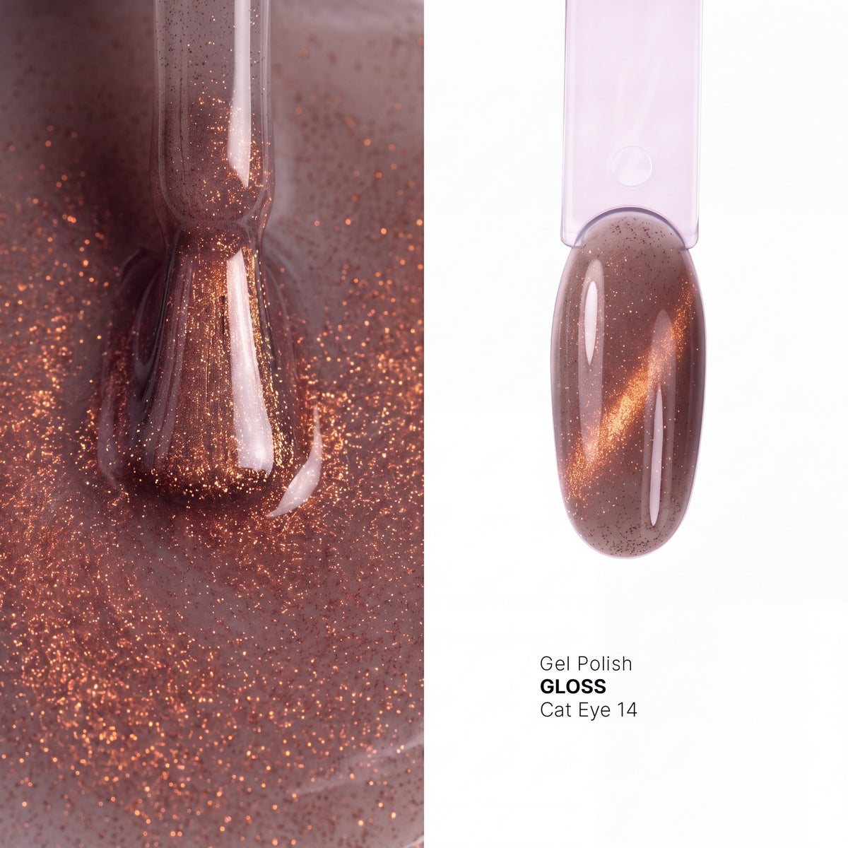 Brush and nail tip swatch of GLOSS Cat Eye 14 Bright Gold magnetic gel polish
