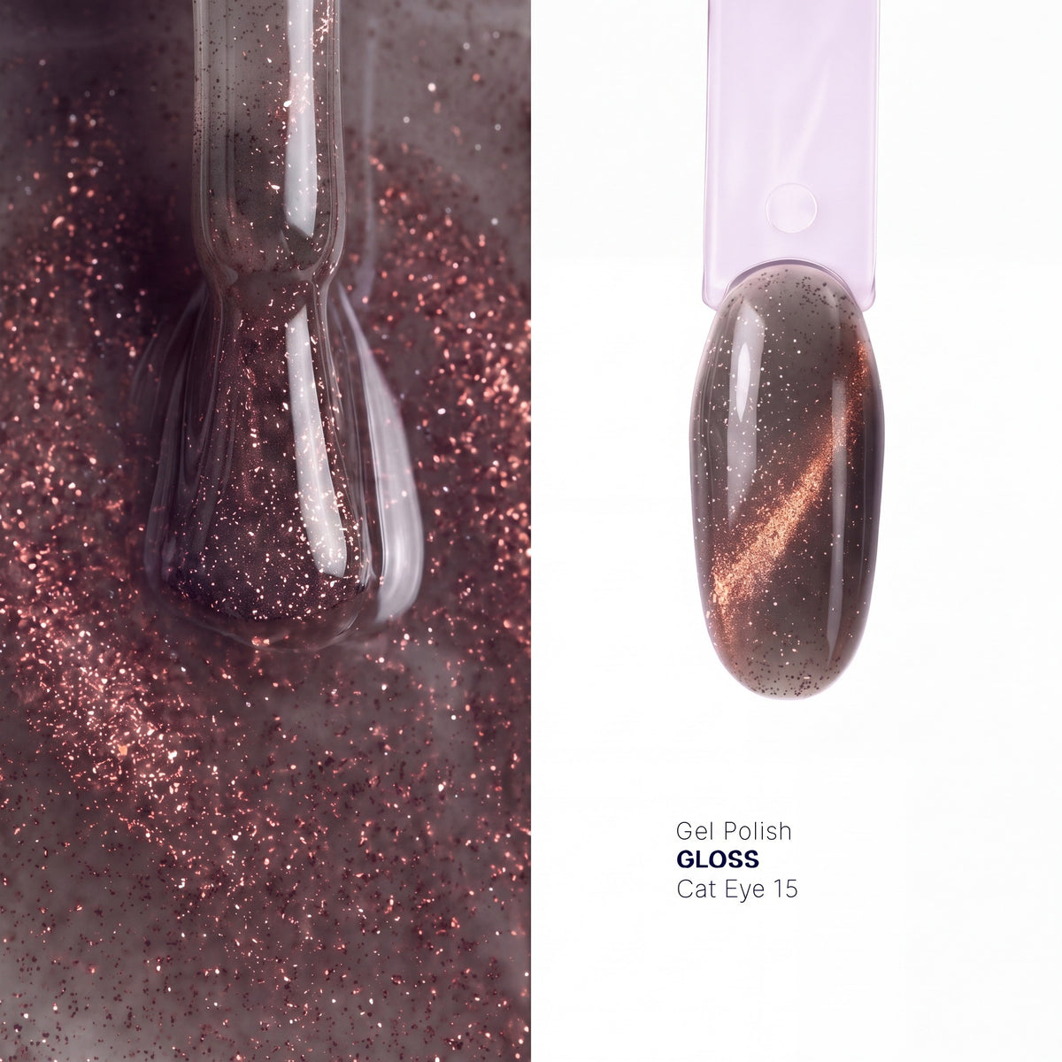 Brush and nail tip swatch of GLOSS Cat Eye 15 Dark Gold magnetic gel polish