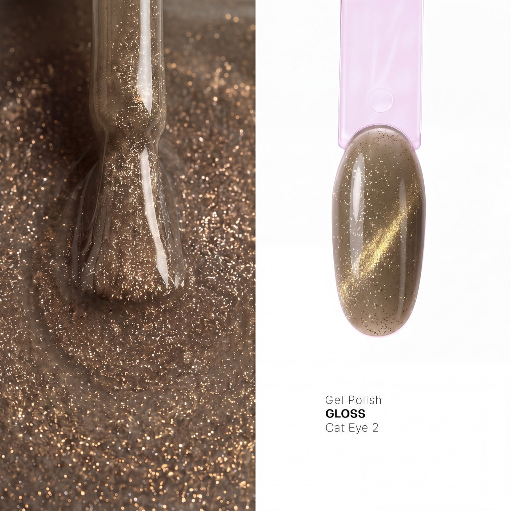 Brush and nail tip swatch of GLOSS Cat Eye 2 Soft Gold magnetic gel polish