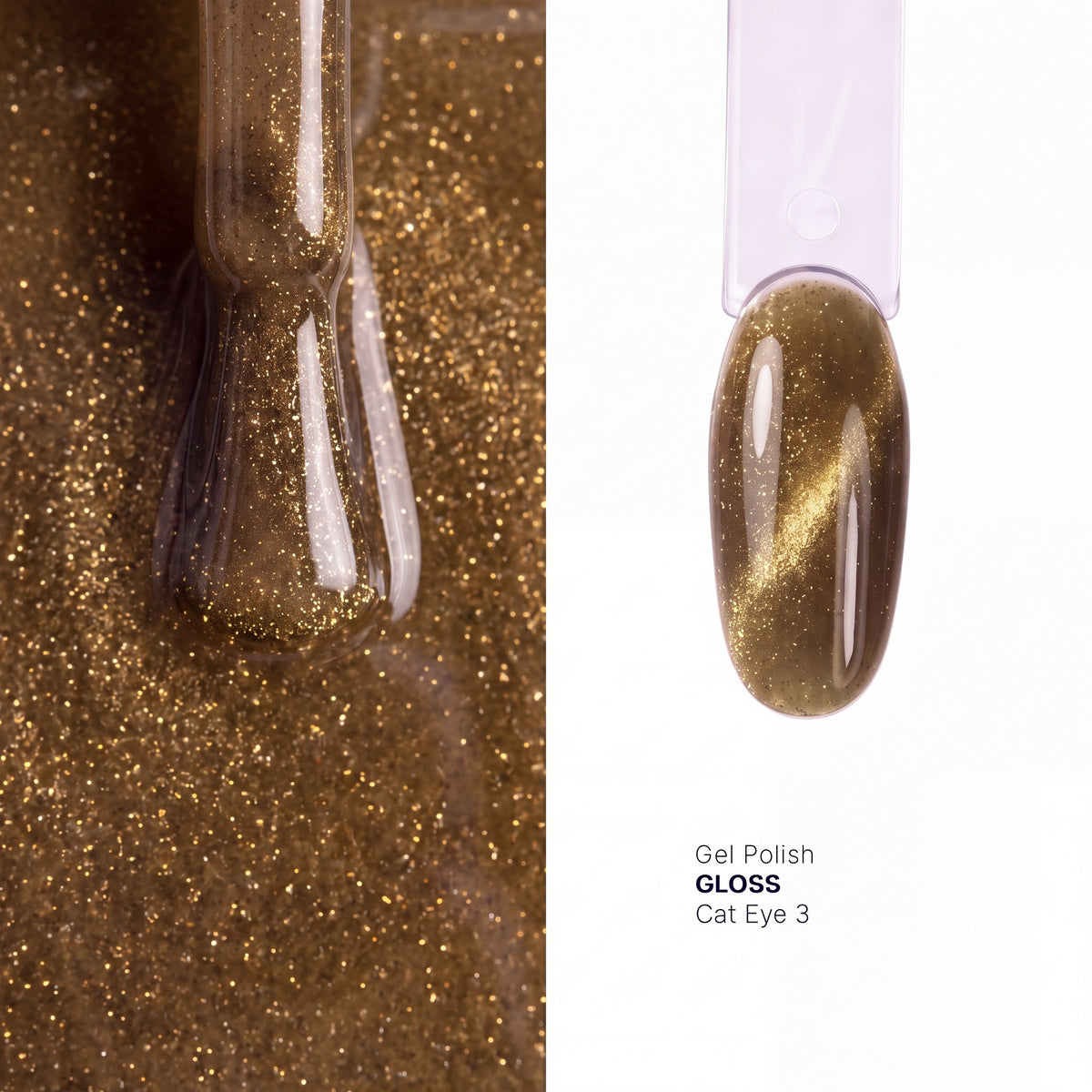 Brush and nail tip swatch of GLOSS Cat Eye 3 Concentrated Golden magnetic gel polish