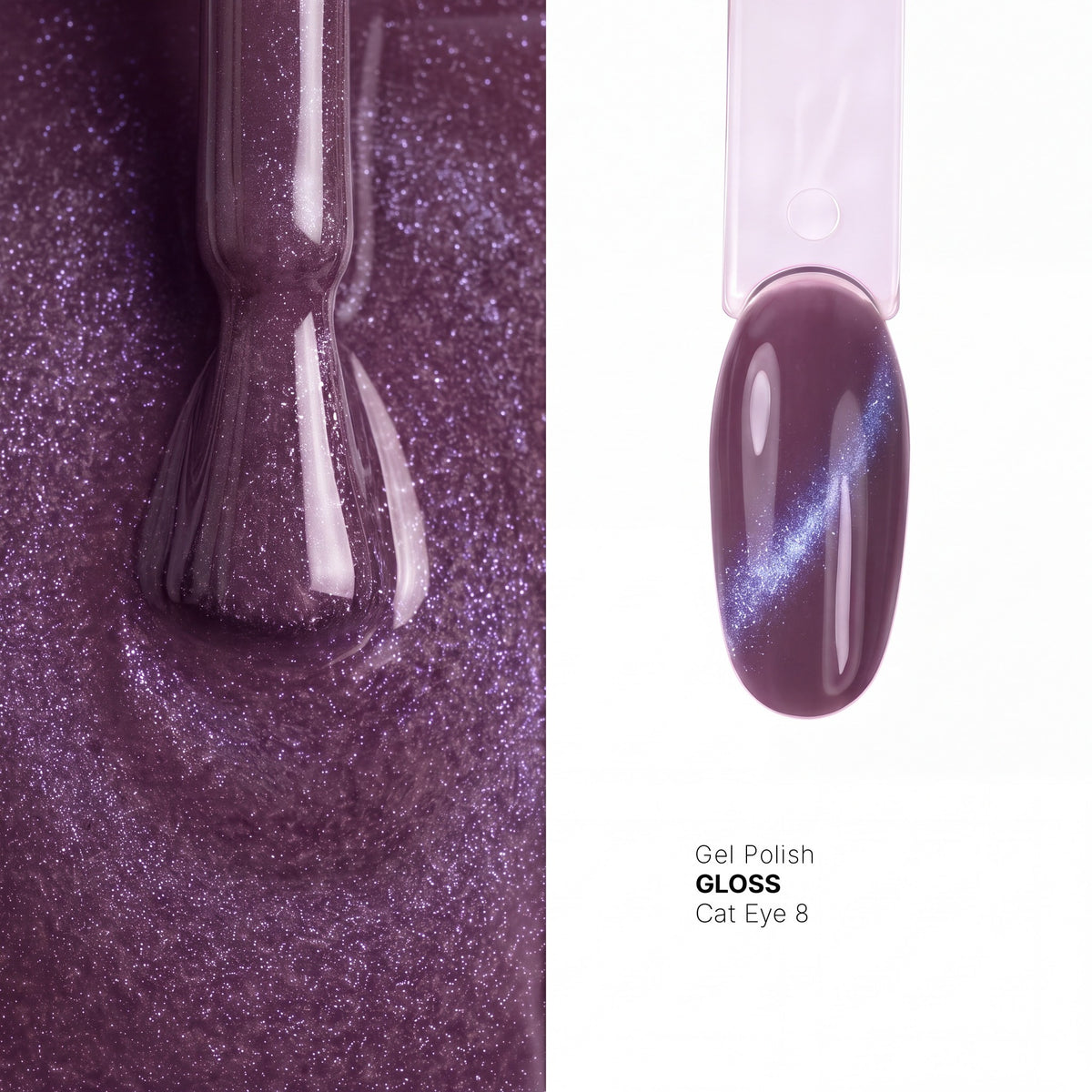 Brush and nail tip swatch of GLOSS Cat Eye 8 Rich Violet magnetic gel polish