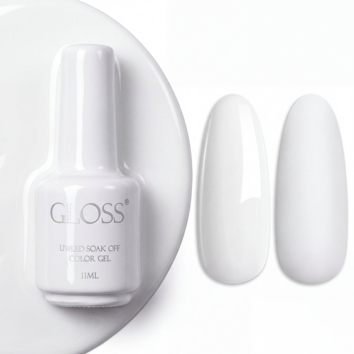 GLOSS gel polish 100 Pure White, 11 ml bottle with glossy and matte nail swatches