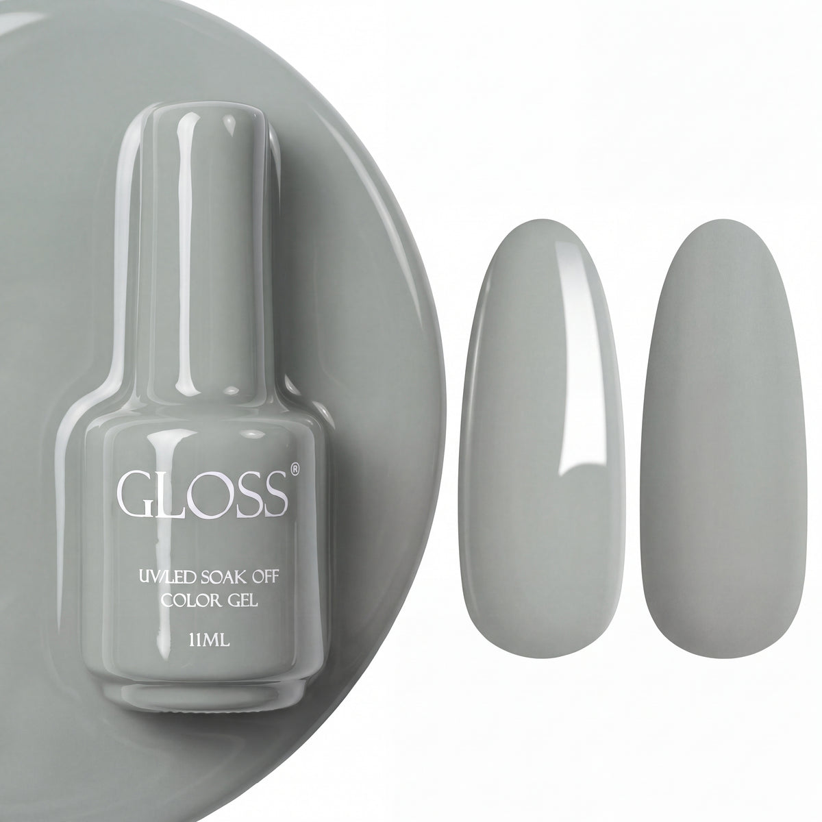 GLOSS gel polish 101 Light Gray, 11 ml bottle with glossy and matte nail swatches