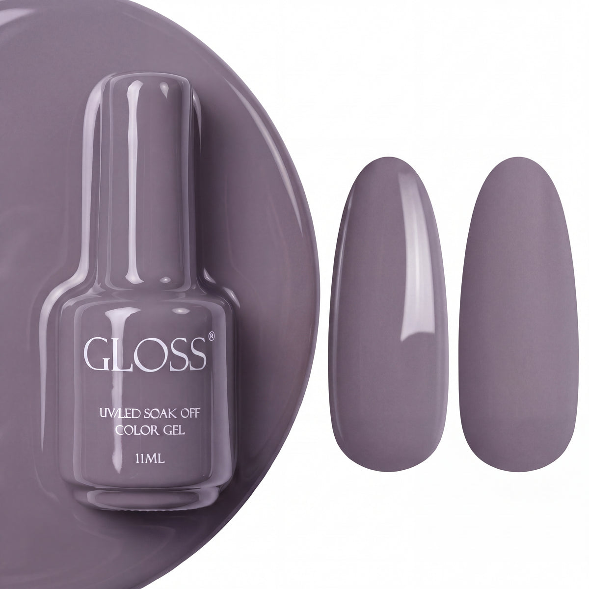 GLOSS gel polish 102 Warm Gray, 11 ml bottle with glossy and matte nail swatches