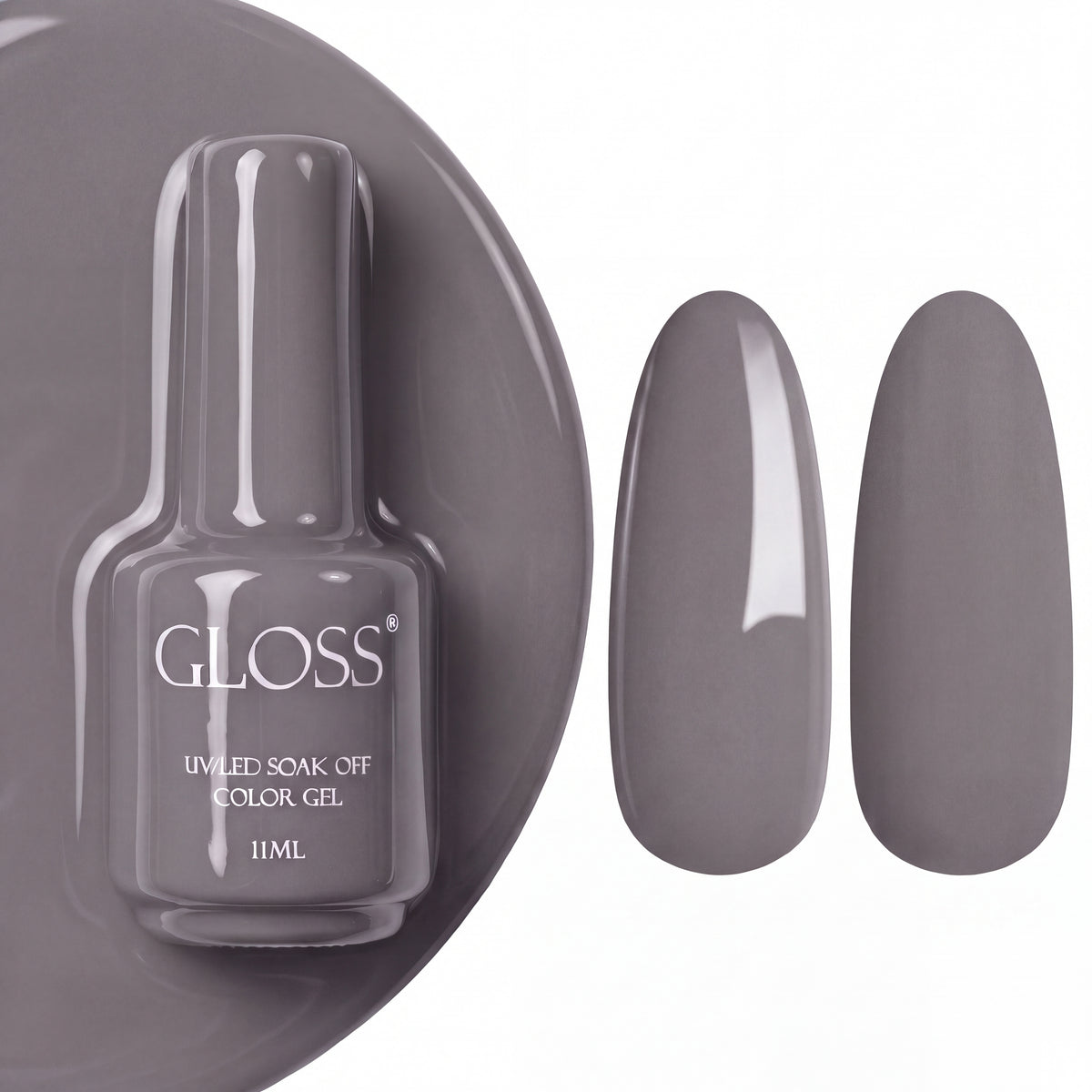 GLOSS gel polish 104 Classic Gray, 11 ml bottle with glossy and matte nail swatches
