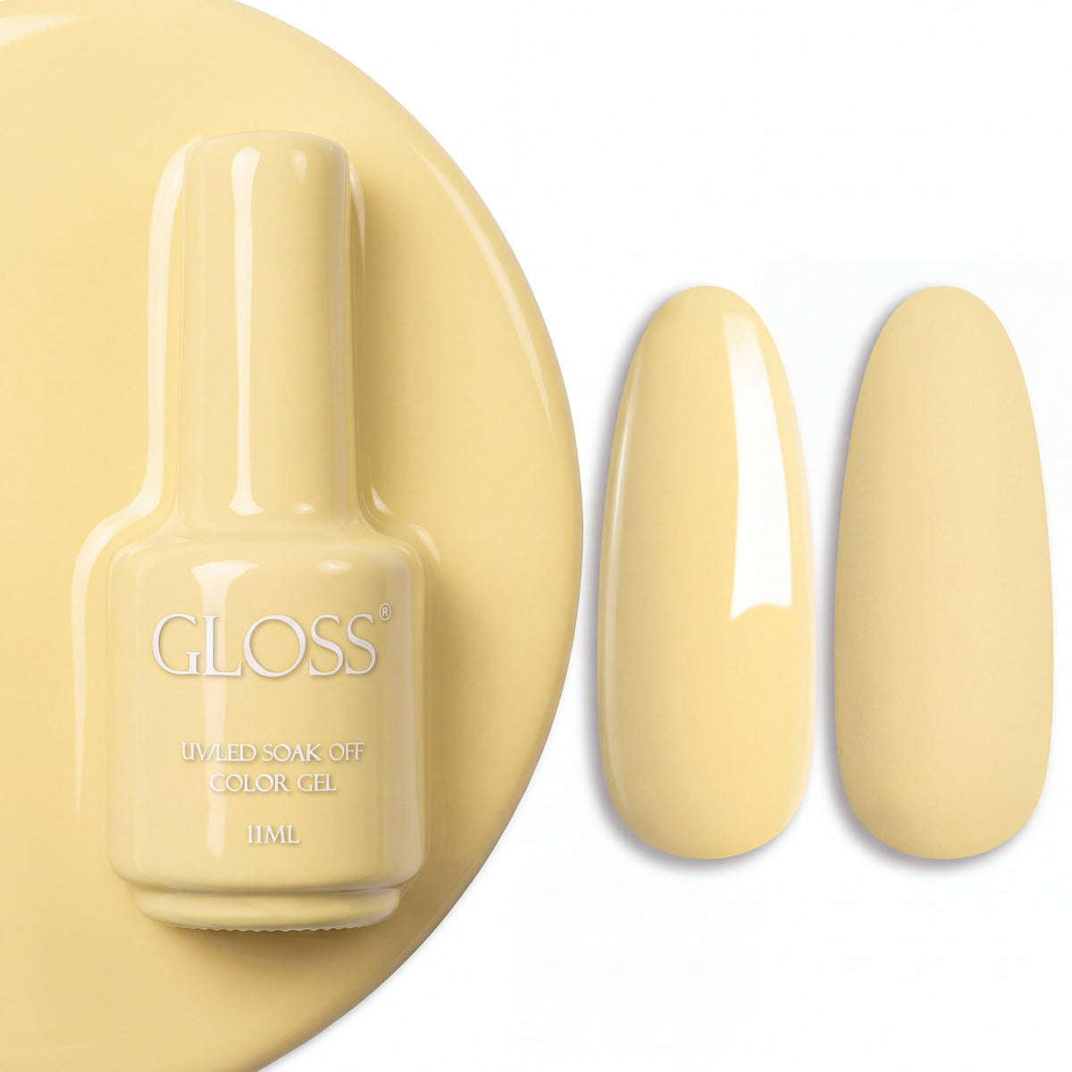 GLOSS gel polish 105 Vanilla, 11 ml bottle with glossy and matte nail swatches