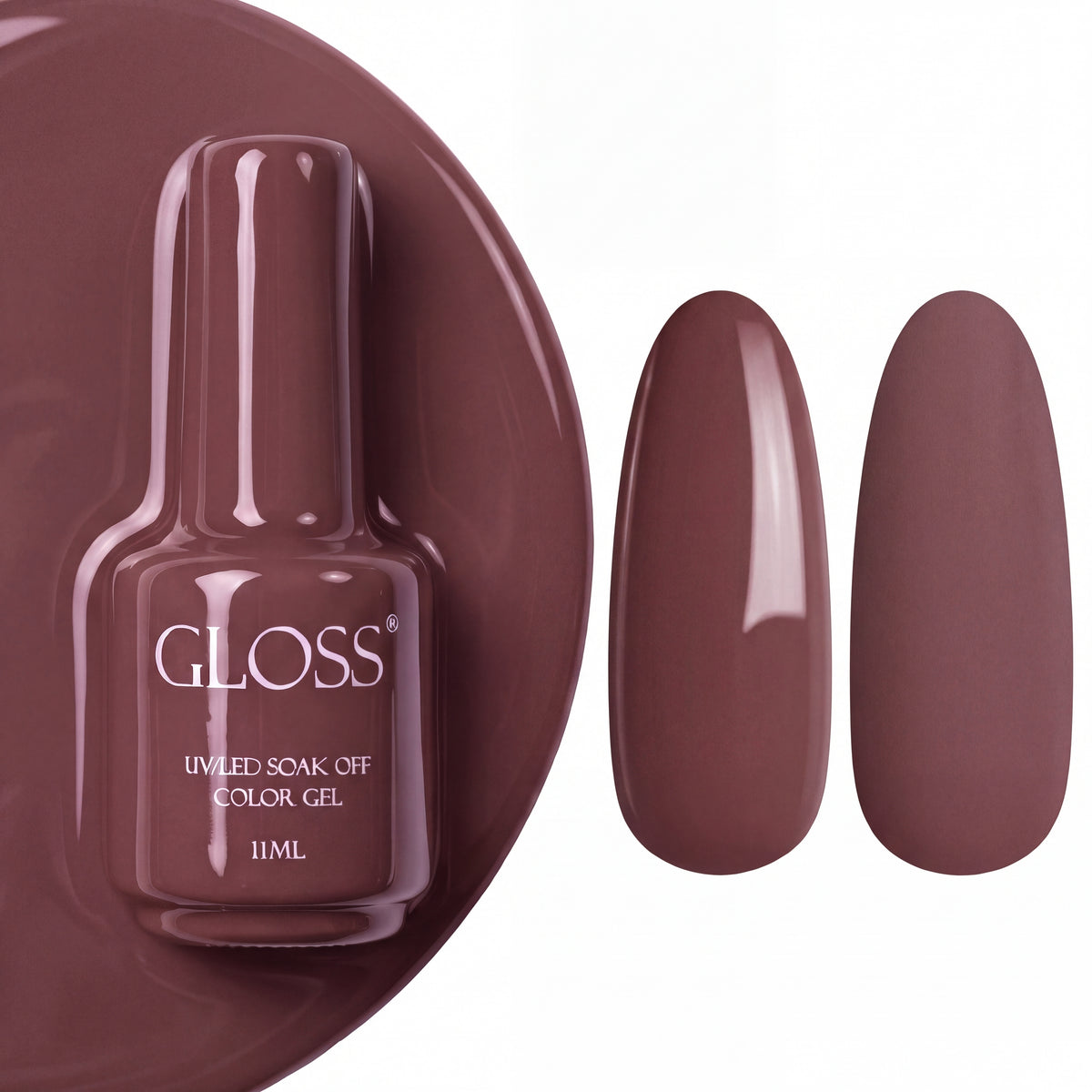 GLOSS gel polish 108 Lilac Brown, 11 ml bottle with glossy and matte nail swatches