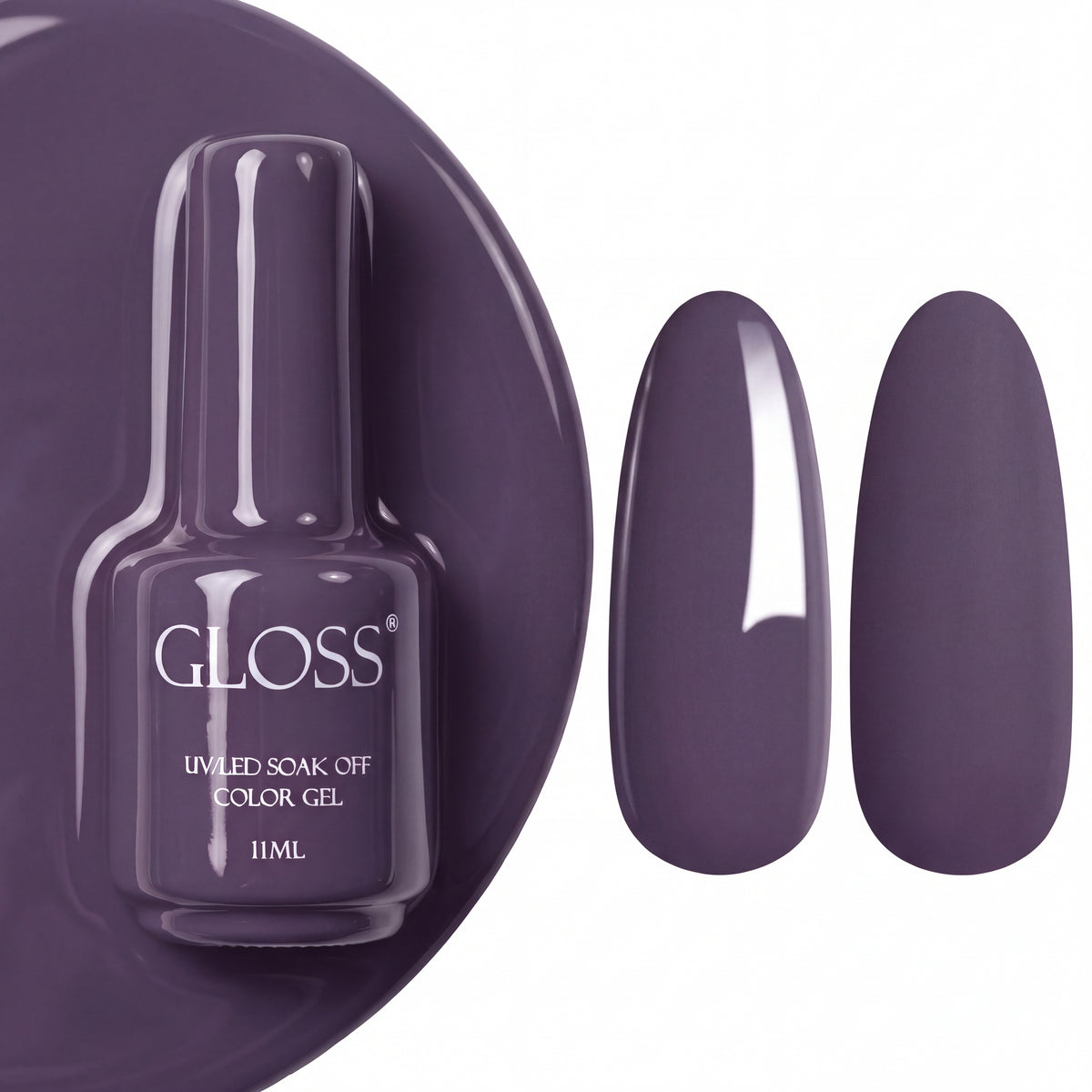 GLOSS gel polish 110 Gray Violet, 11 ml bottle with glossy and matte nail swatches