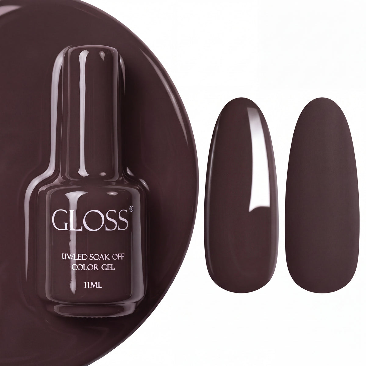 GLOSS gel polish 111 Taupe, 11 ml bottle with glossy and matte nail swatches