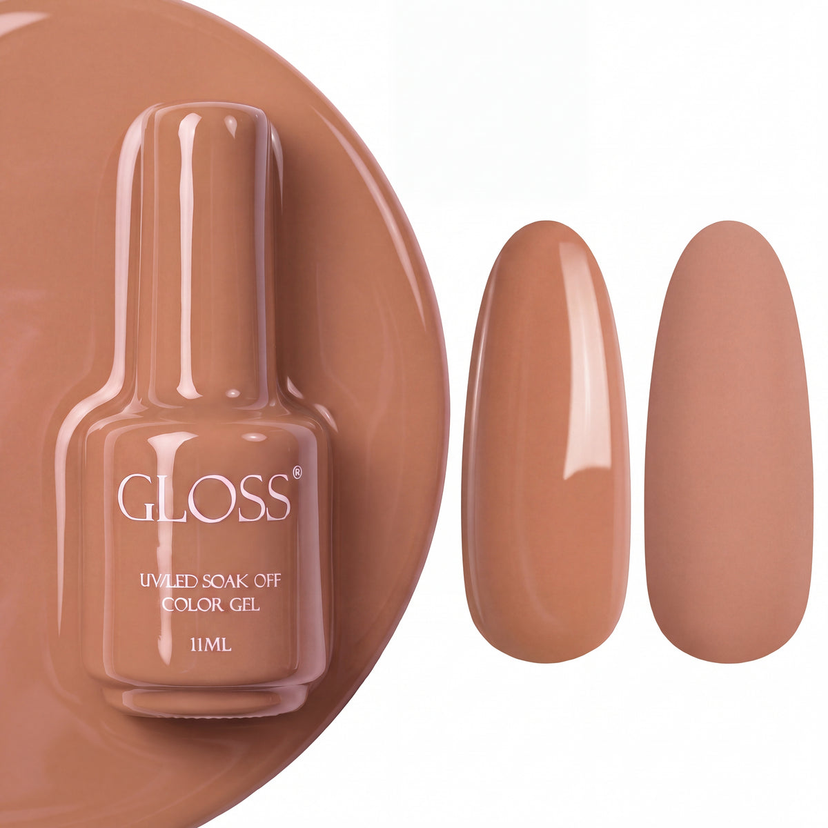 GLOSS gel polish 112 Milk Caramel, 11 ml bottle with glossy and matte nail swatches