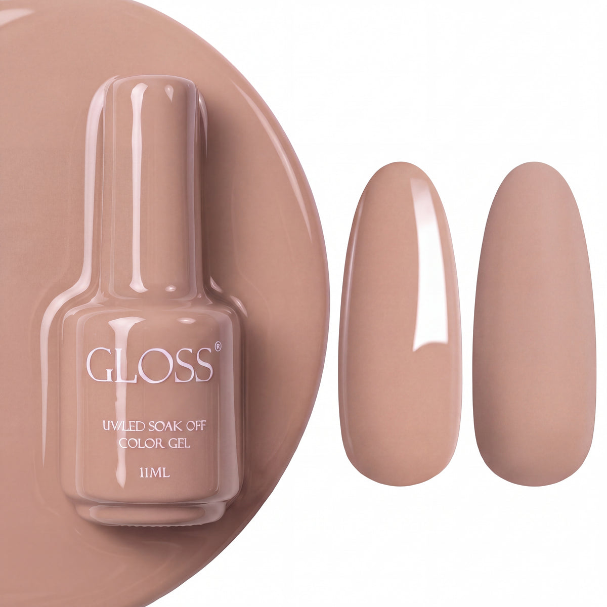 GLOSS gel polish 113 Beige, 11 ml bottle with glossy and matte nail swatches