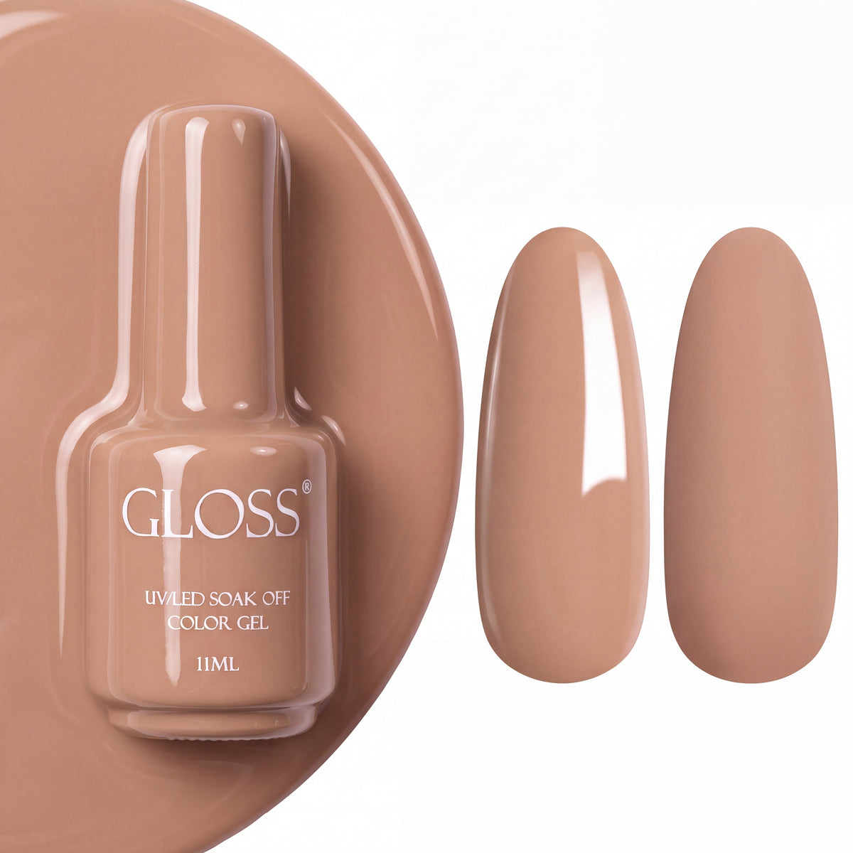 GLOSS gel polish 114 Coffee Milk, 11 ml bottle with glossy and matte nail swatches