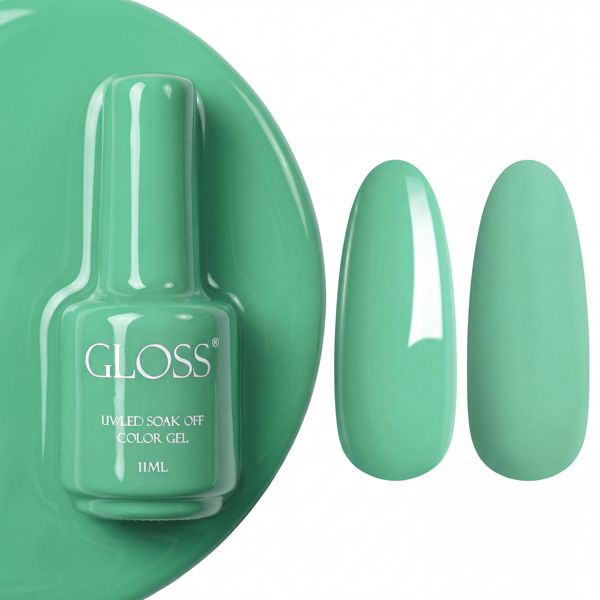 GLOSS gel polish 115 Turquoise, 11 ml bottle with glossy and matte nail swatches
