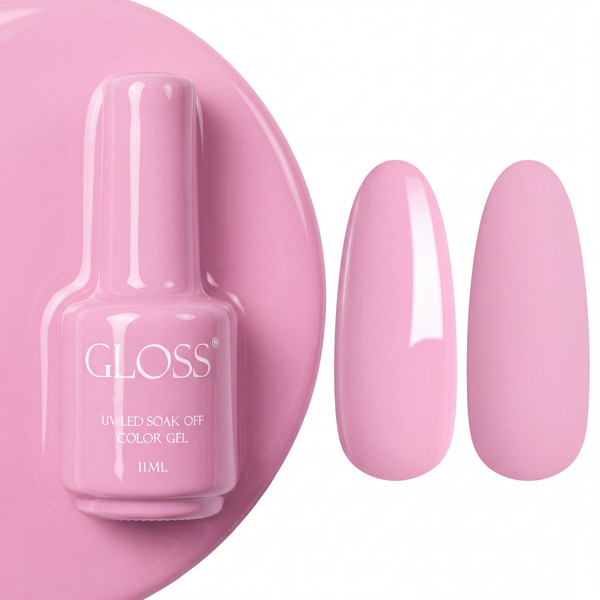 GLOSS gel polish 116 Pink Milky, 11 ml bottle with glossy and matte nail swatches