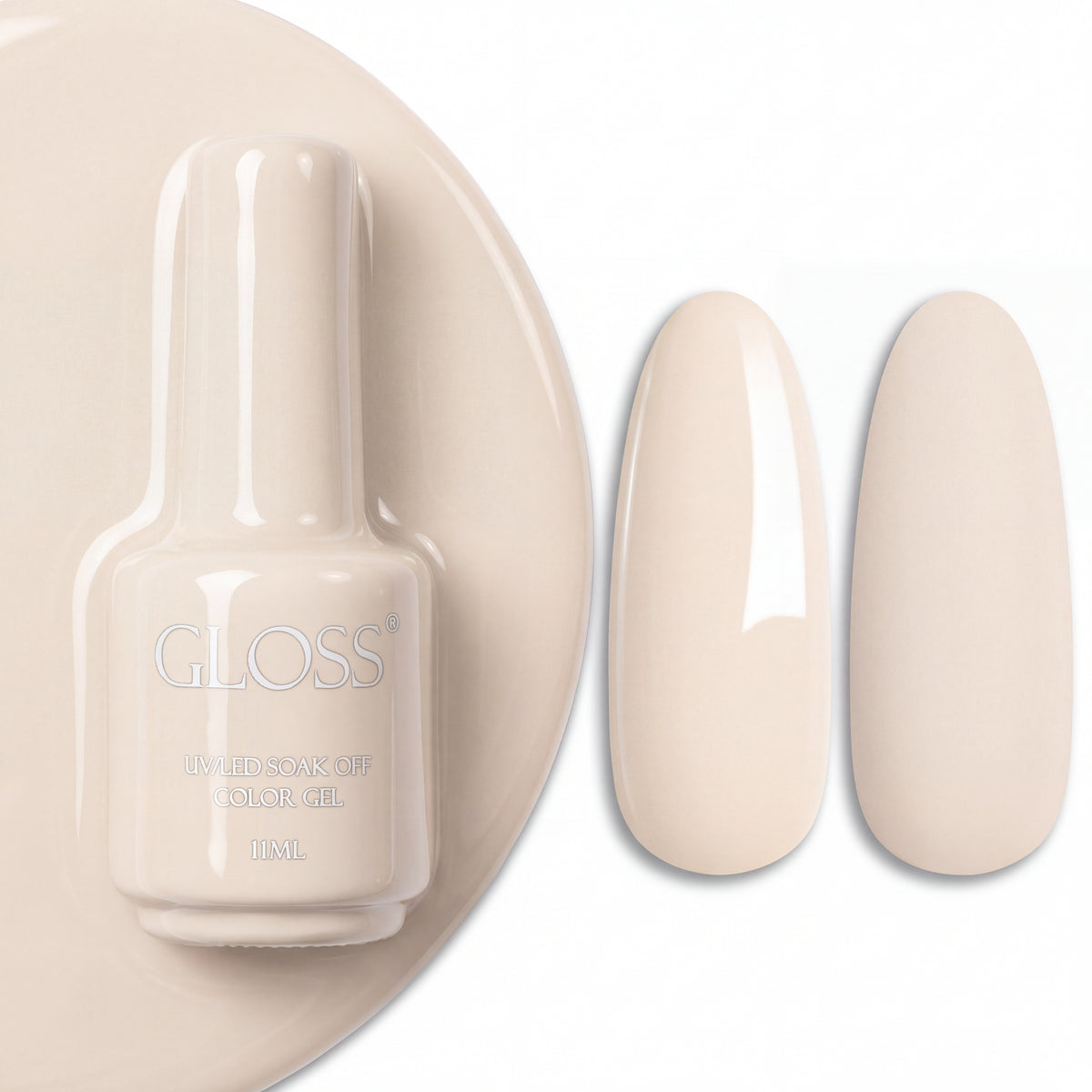 GLOSS gel polish 118 Cream, 11 ml bottle with glossy and matte nail swatches