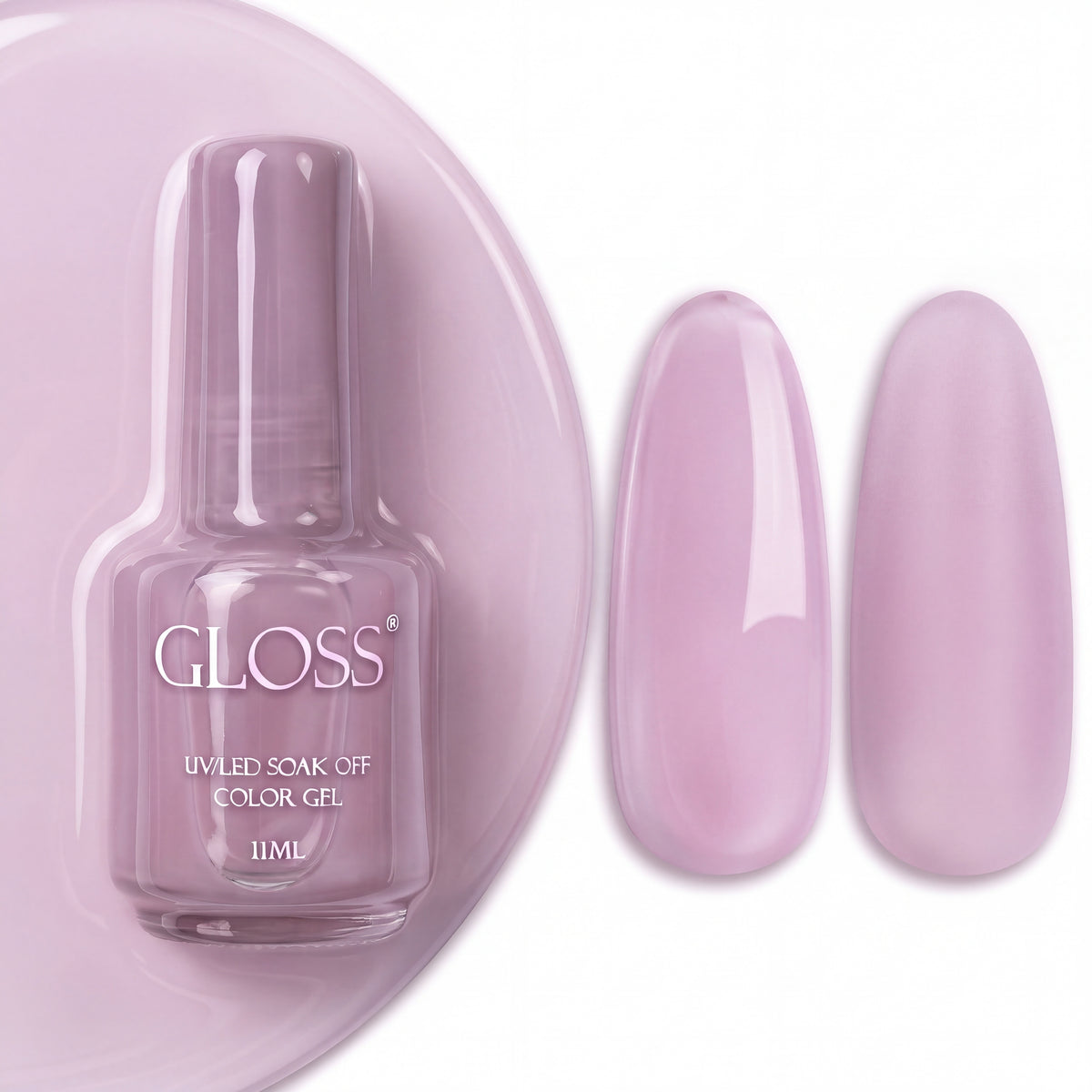 GLOSS gel polish 119 Light Pink French, 11 ml bottle with glossy and matte nail swatches