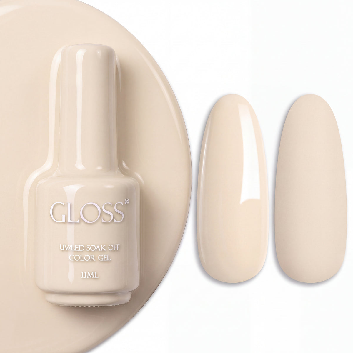 GLOSS gel polish 123 Ivory, 11 ml bottle with glossy and matte nail swatches