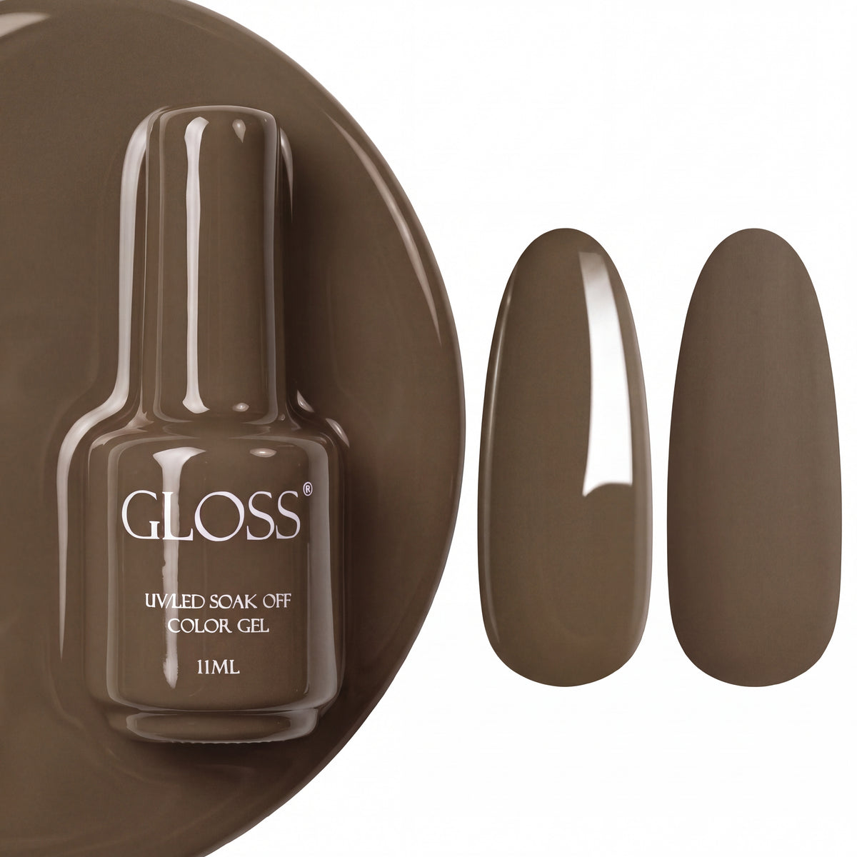 GLOSS gel polish 124 Khaki Brown, 11 ml bottle with glossy and matte nail swatches