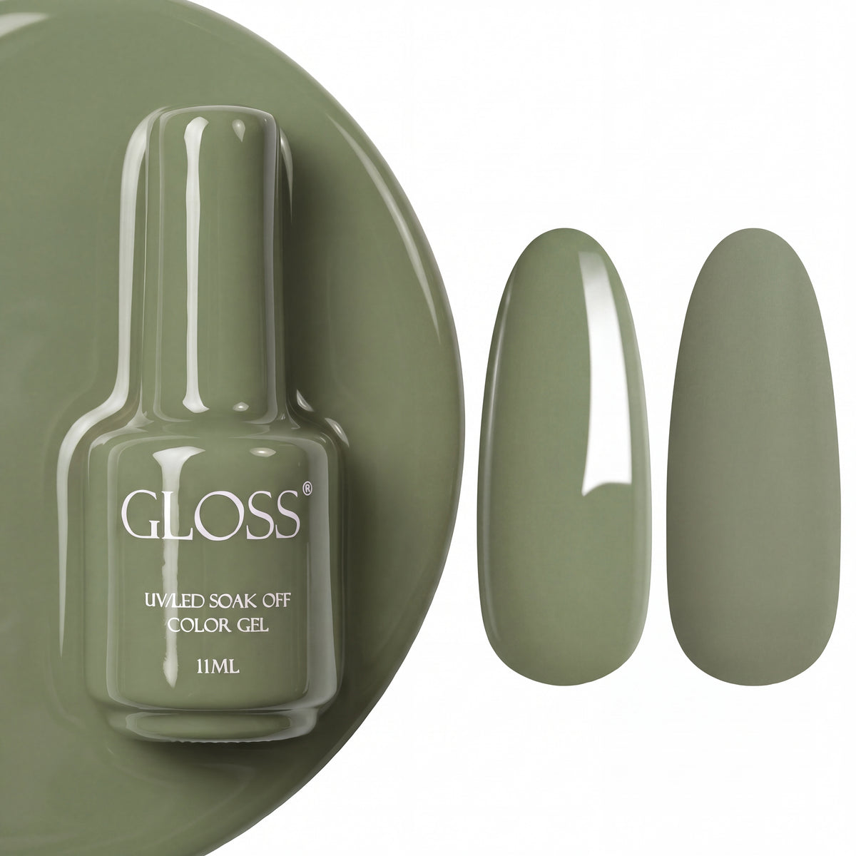 GLOSS gel polish 125 Dusty Olive, 11 ml bottle with glossy and matte nail swatches