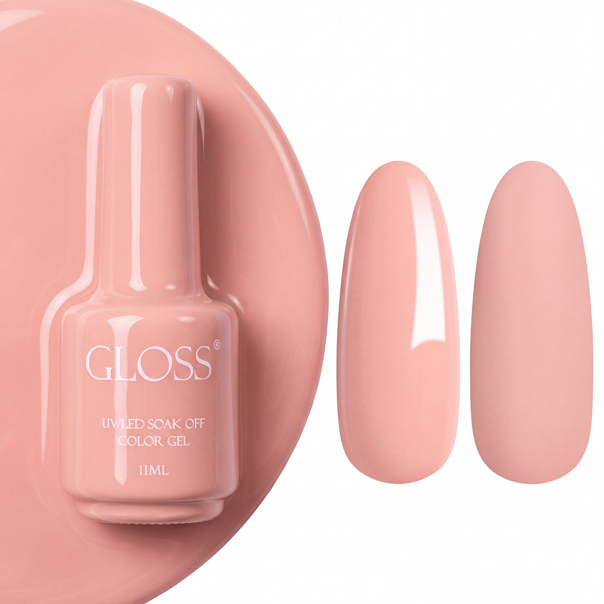GLOSS gel polish 126 Peach Pink, 11 ml bottle with glossy and matte nail swatches