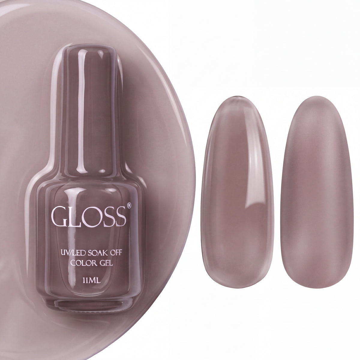 GLOSS gel polish 127 Natural Pink French, 11 ml bottle with glossy and matte nail swatches