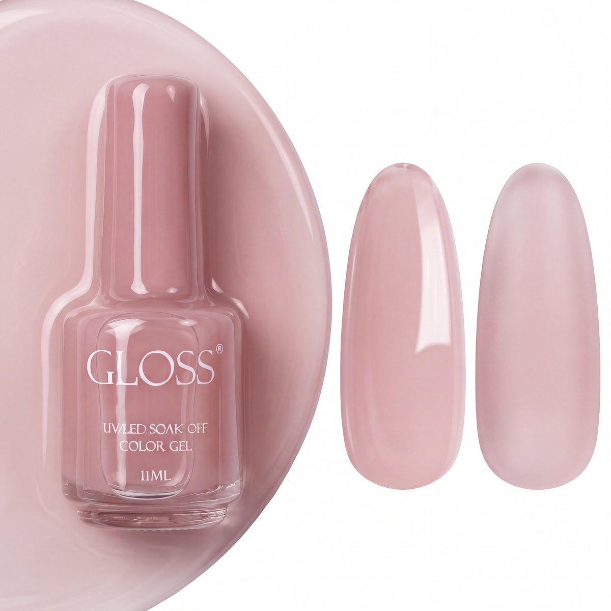 GLOSS gel polish 128 Creamy Pink French, 11 ml bottle with glossy and matte nail swatches