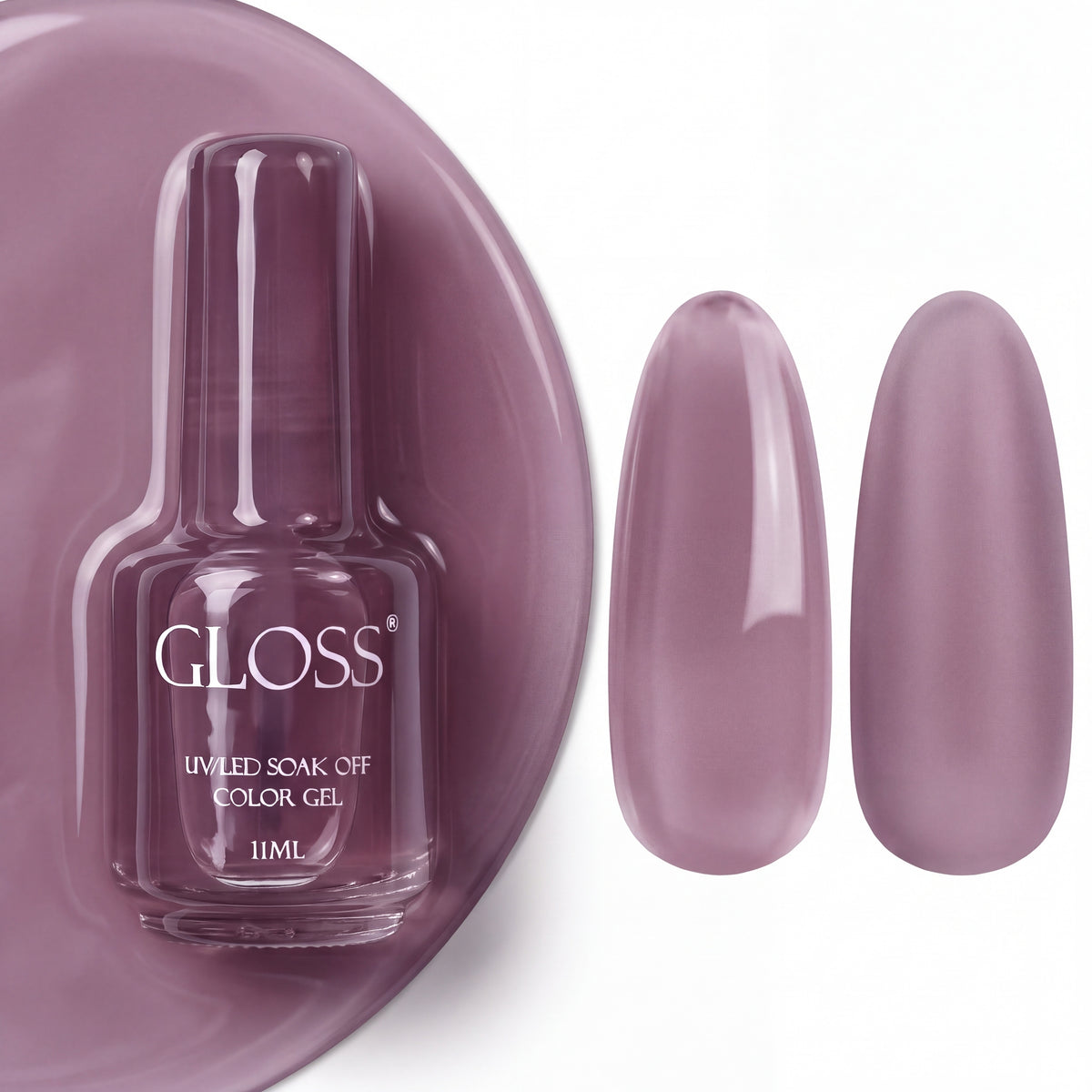 GLOSS gel polish 129 Pink Purple French, 11 ml bottle with glossy and matte nail swatches