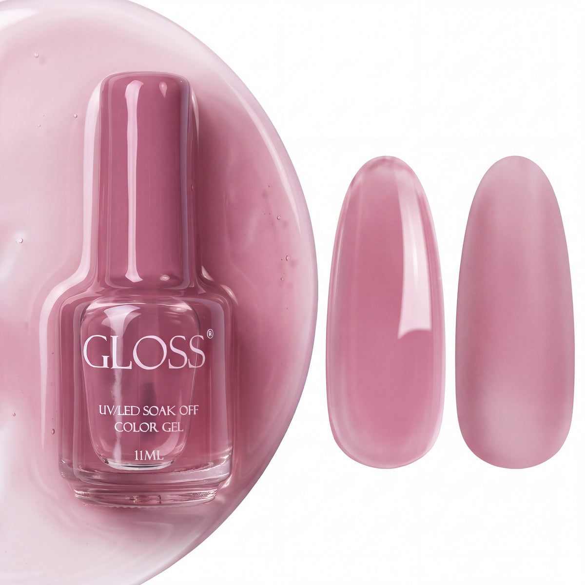 GLOSS gel polish 130 Rose Mauve French, 11 ml bottle with glossy and matte nail swatches