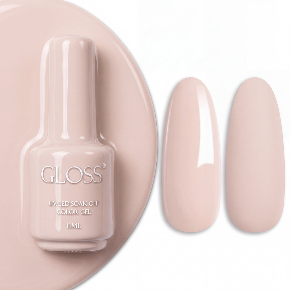 GLOSS gel polish 132 Powdery, 11 ml bottle with glossy and matte nail swatches