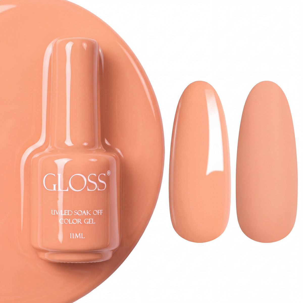 GLOSS gel polish 133 Soft Peach, 11 ml bottle with glossy and matte nail swatches