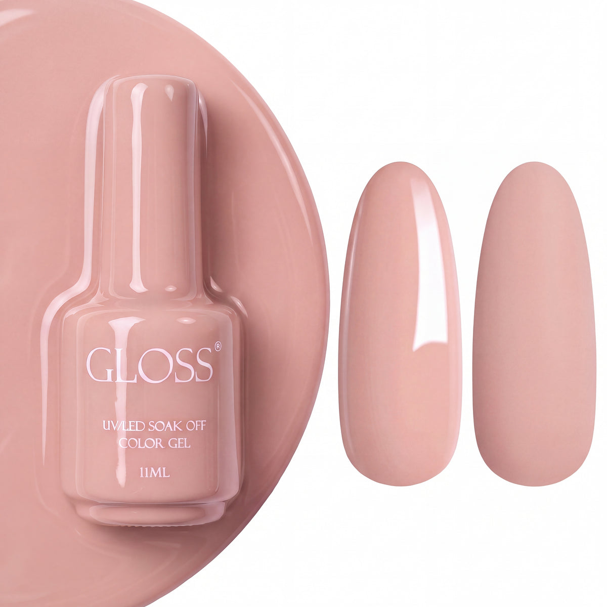 GLOSS gel polish 134 Peach, 11 ml bottle with glossy and matte nail swatches