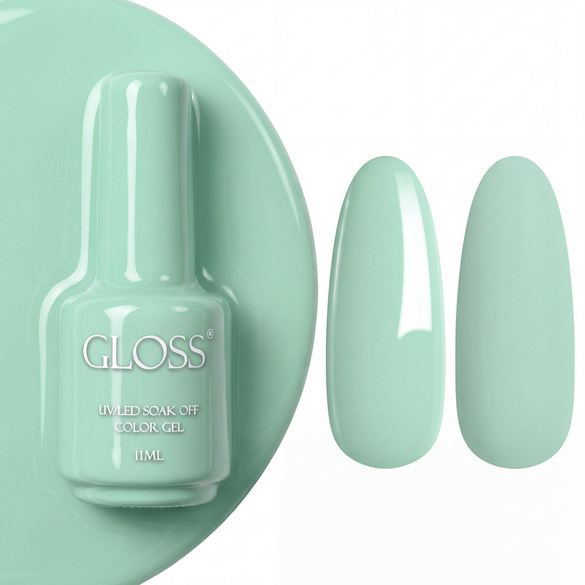 GLOSS gel polish 135 Soft Mint, 11 ml bottle with glossy and matte nail swatches