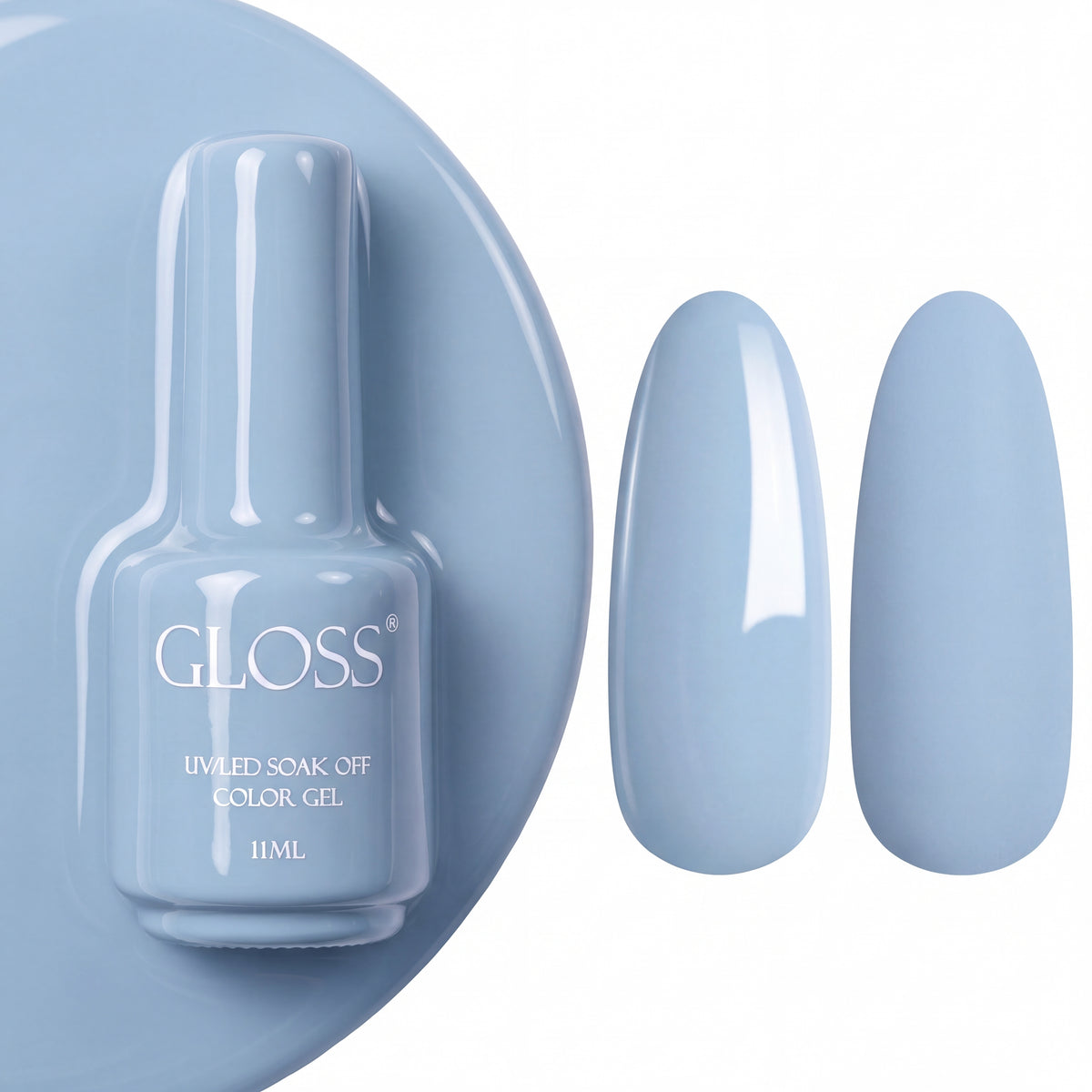GLOSS gel polish 136 Gray Blue, 11 ml bottle with glossy and matte nail swatches