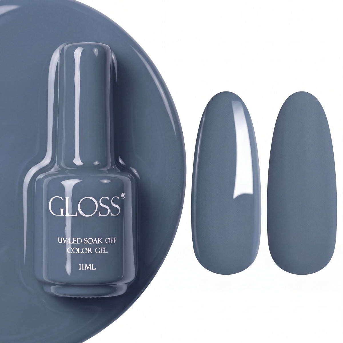 GLOSS gel polish 138 Blue Gray, 11 ml bottle with glossy and matte nail swatches