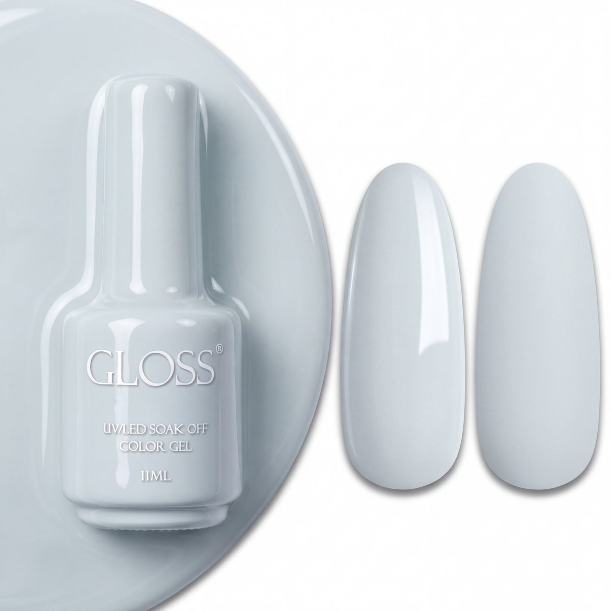 GLOSS gel polish 139 Gray White, 11 ml bottle with glossy and matte nail swatches