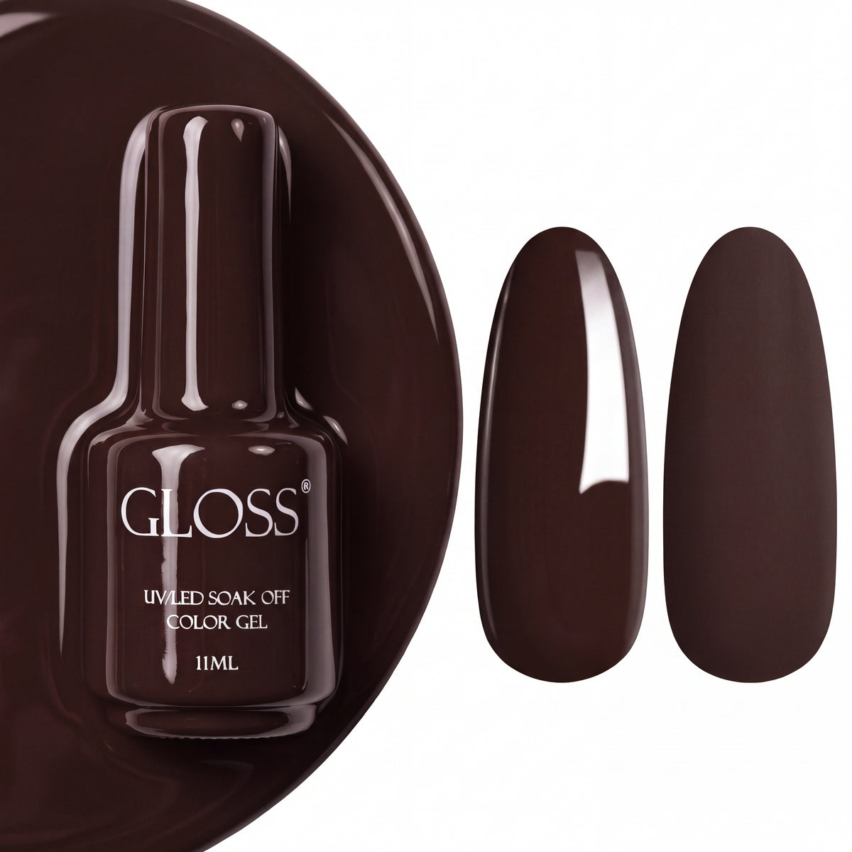 GLOSS gel polish 140 Brown Gray, 11 ml bottle with glossy and matte nail swatches