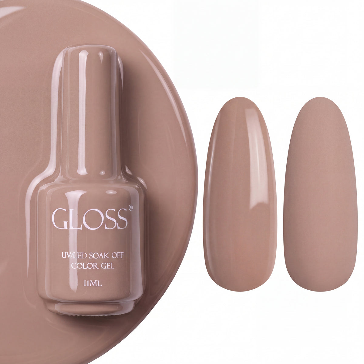 GLOSS gel polish 142 Cappuccino, 11 ml bottle with glossy and matte nail swatches