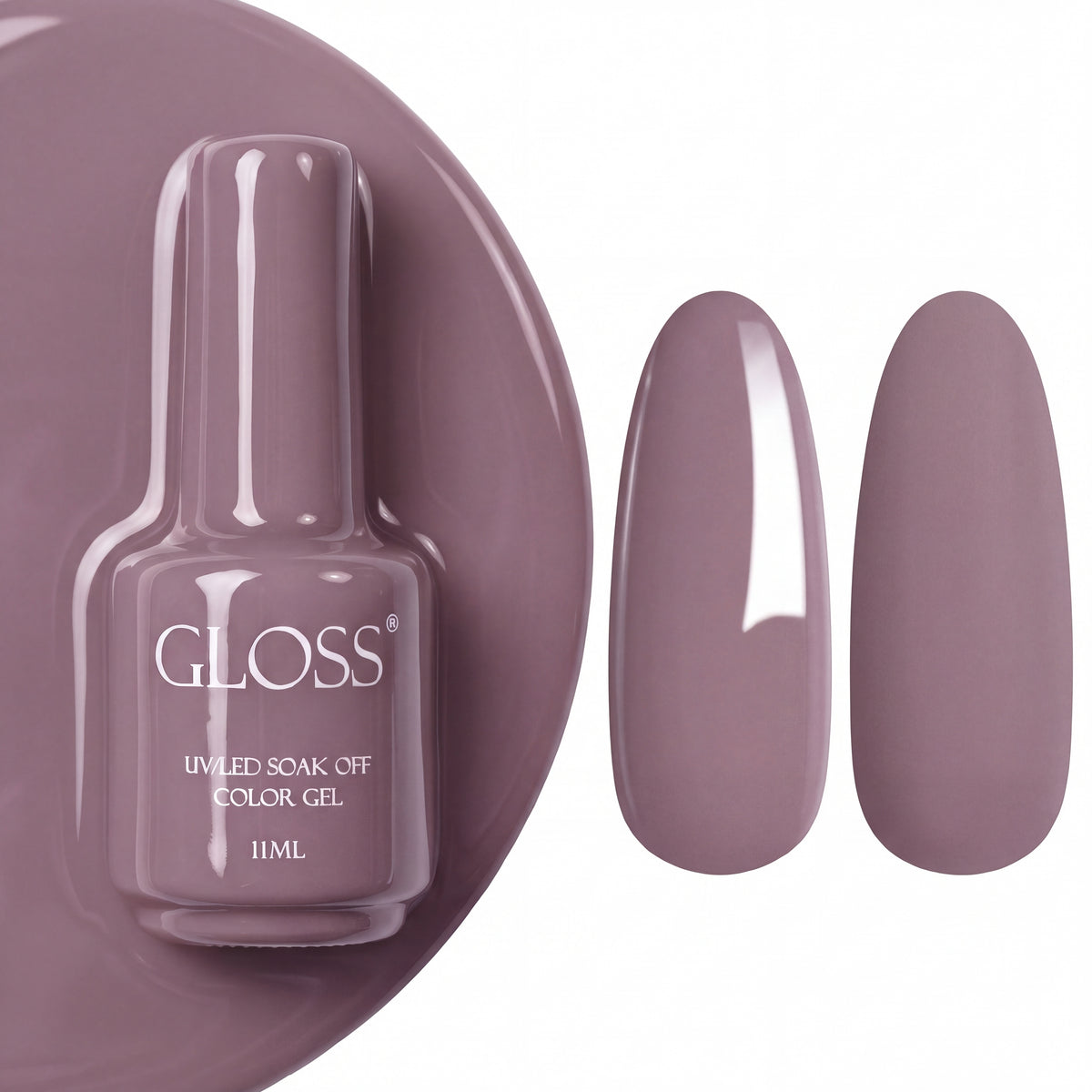 GLOSS gel polish 143 Pink Coffee, 11 ml bottle with glossy and matte nail swatches