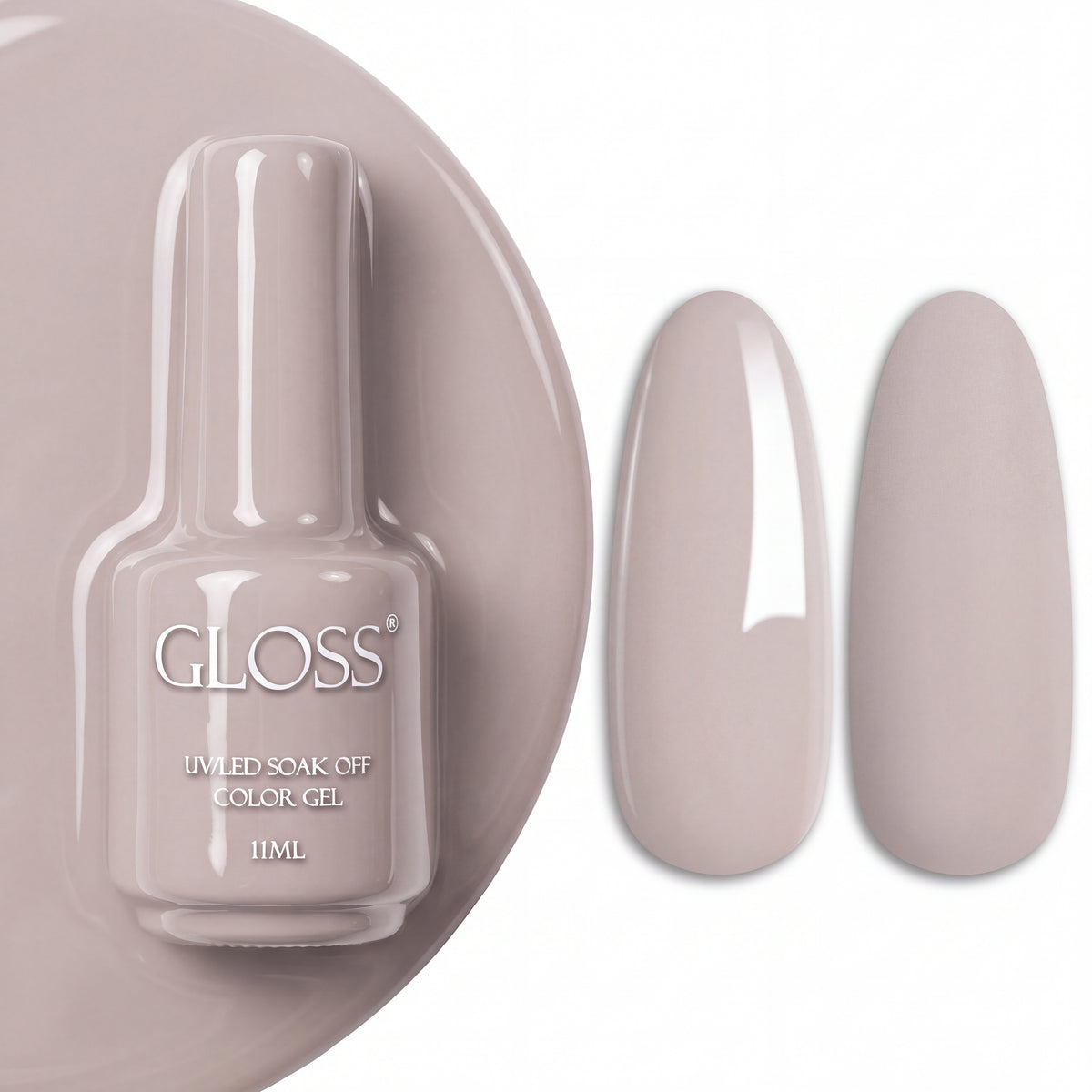GLOSS gel polish 144 Nude, 11 ml bottle with glossy and matte nail swatches