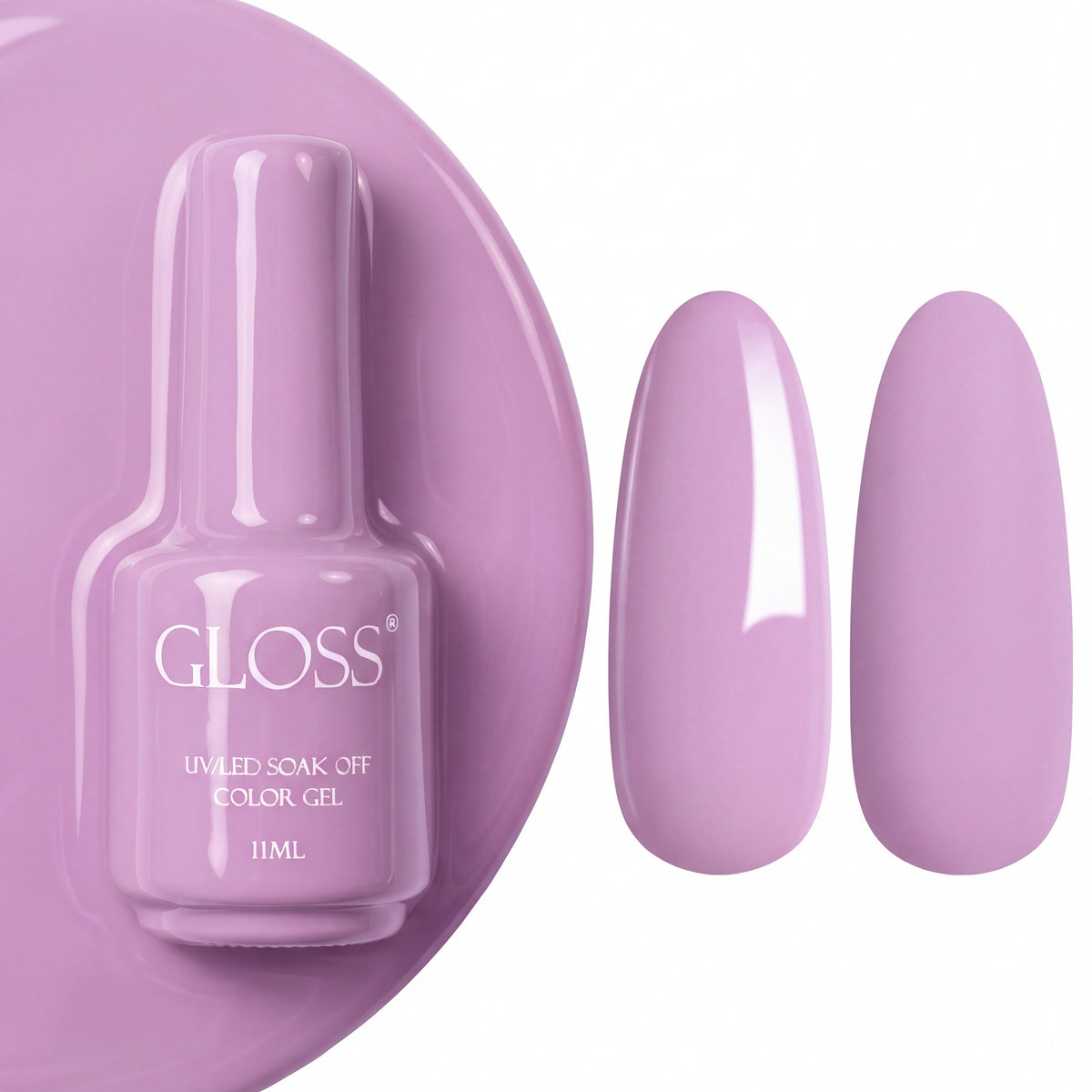 GLOSS gel polish 145 Pink Lilac, 11 ml bottle with glossy and matte nail swatches