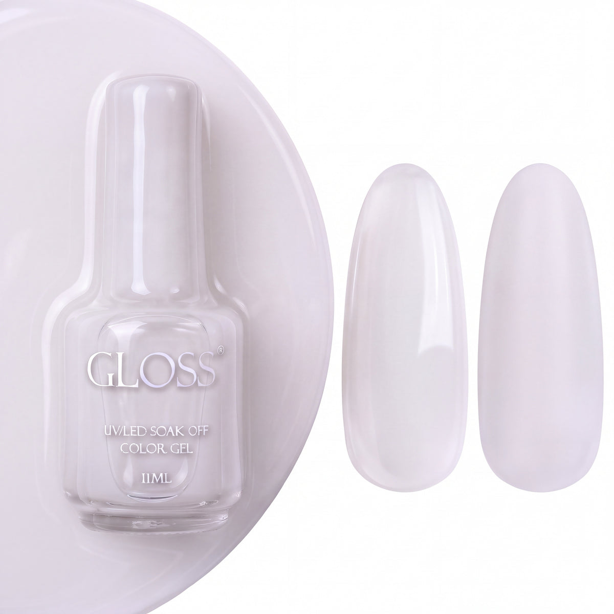 GLOSS gel polish 147 Milky, 11 ml bottle with glossy and matte nail swatches
