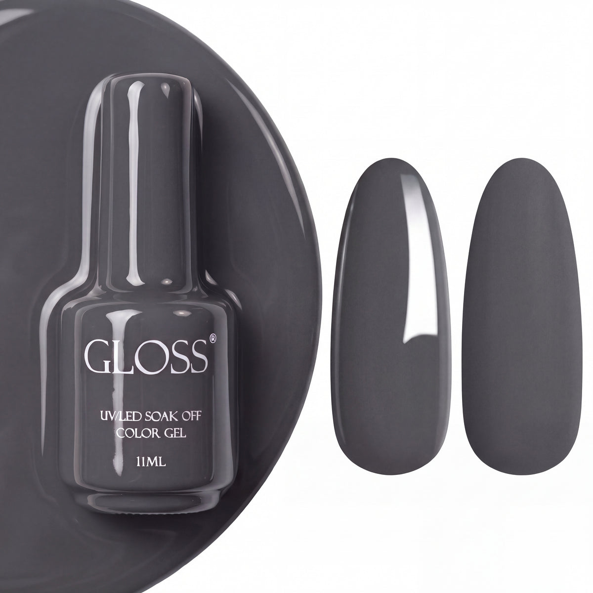 GLOSS gel polish 148 Dusty Gray, 11 ml bottle with glossy and matte nail swatches