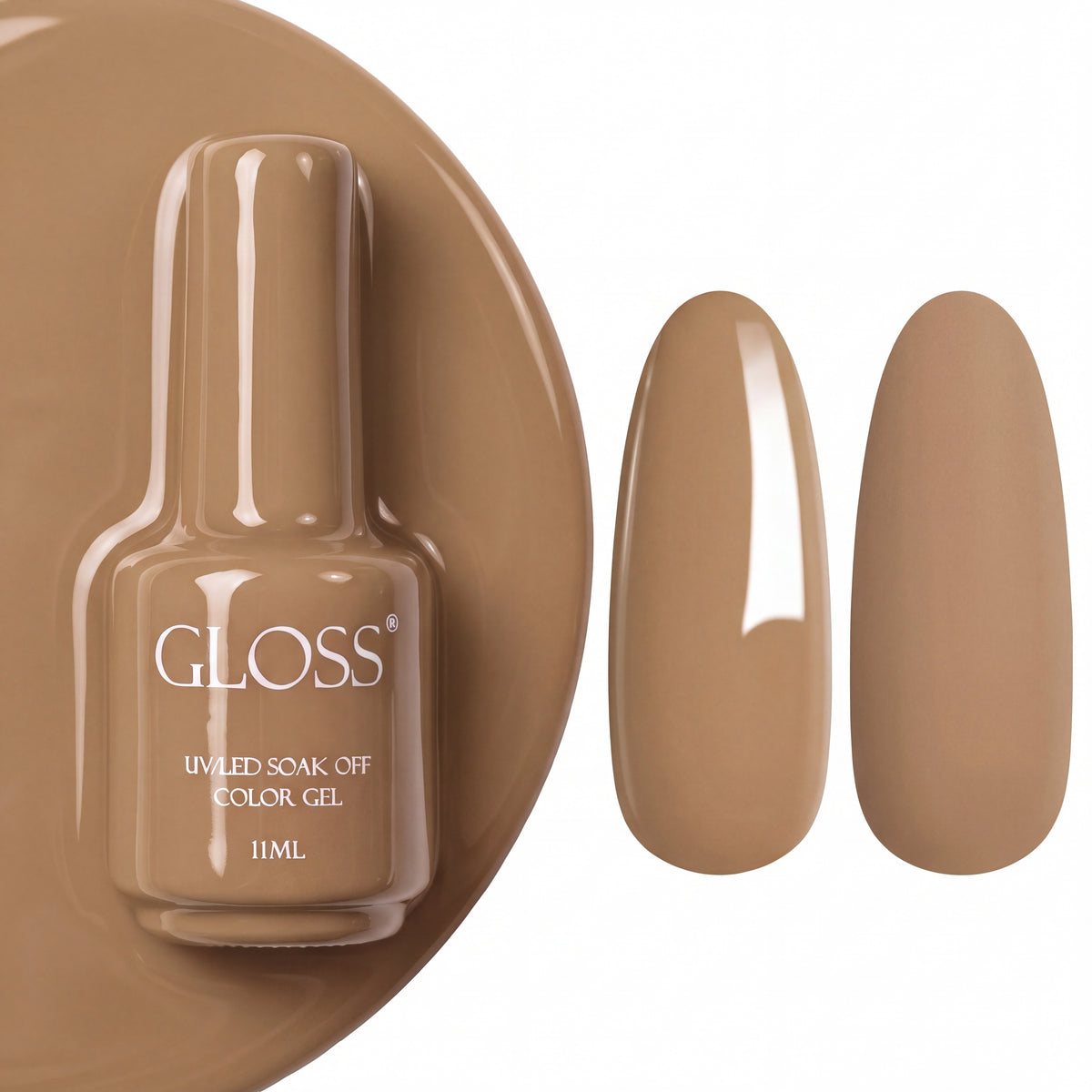 GLOSS gel polish 149 Creamy Beige, 11 ml bottle with glossy and matte nail swatches