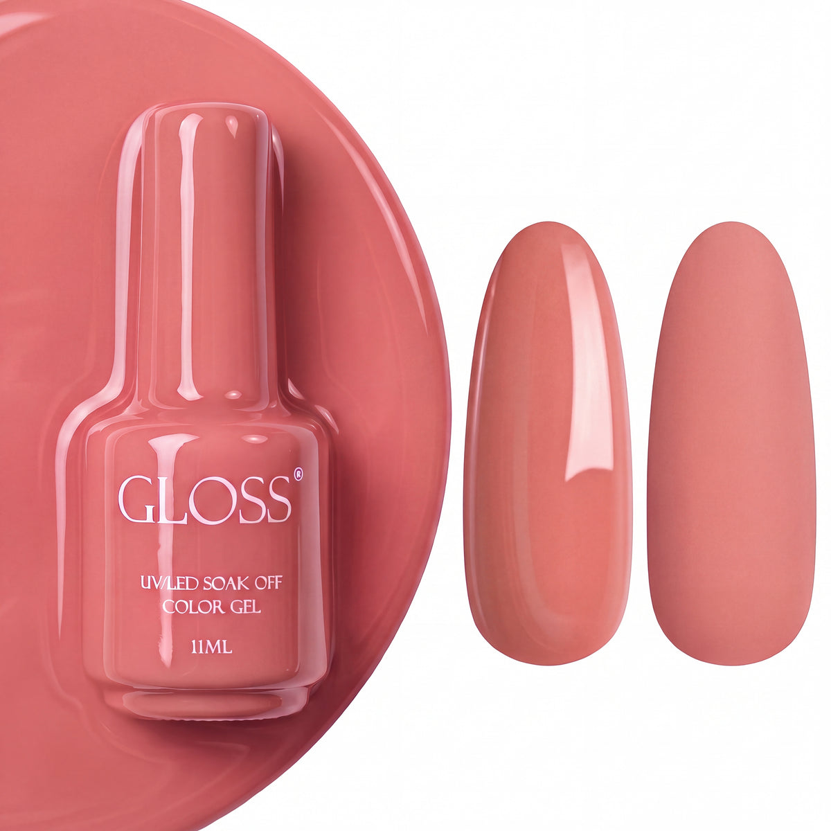 GLOSS gel polish 150 Dark Peach, 11 ml bottle with glossy and matte nail swatches