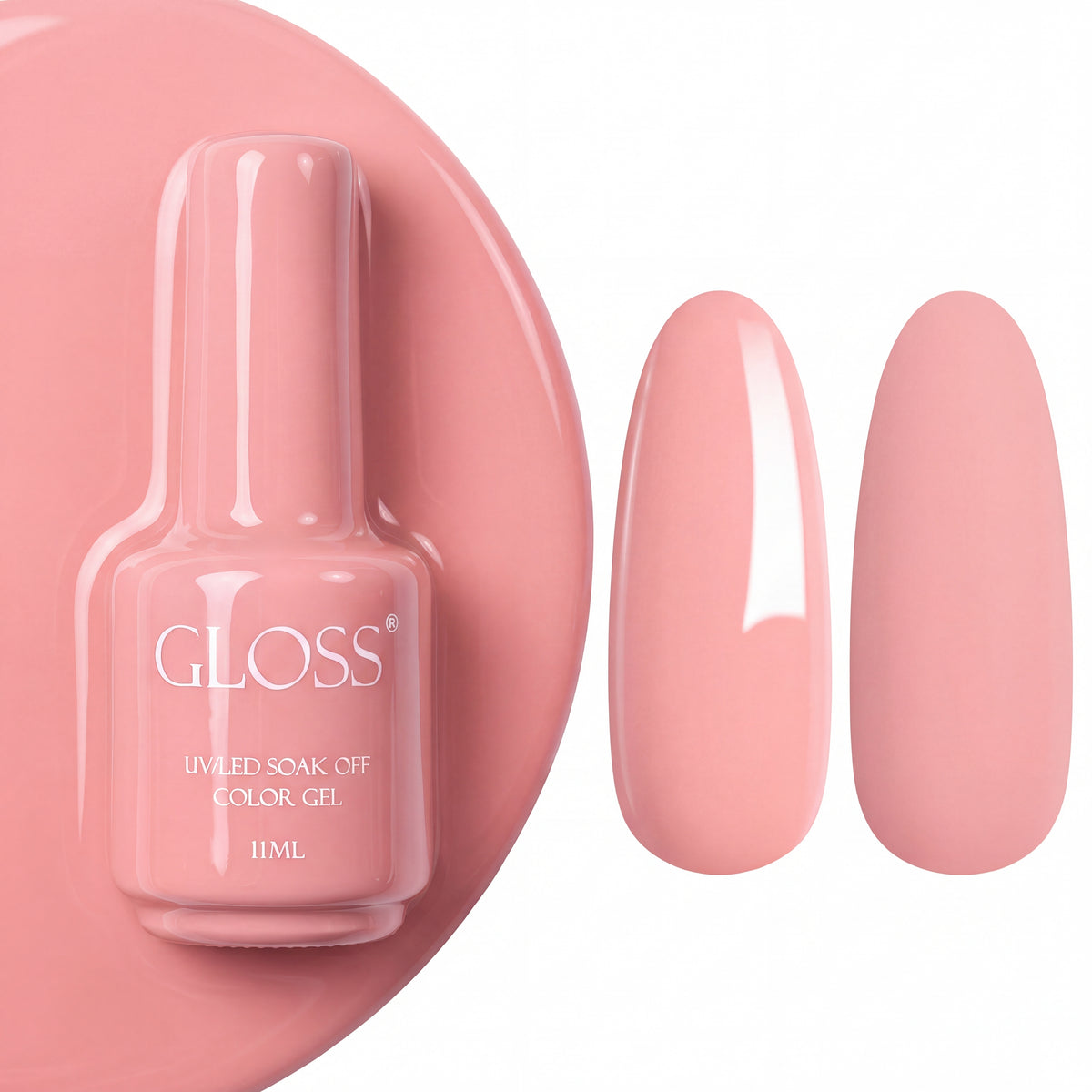 GLOSS gel polish 151 Beige Peach, 11 ml bottle with glossy and matte nail swatches